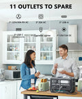 2400W LiFePO4 Portable Power Station With 2048Wh Solar Generator in kitchen, showing multiple outlets and use during meal prep.