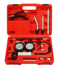 Bicos cylinder leak-down tester kit with dual gauges in a red case, including hoses and adapters.