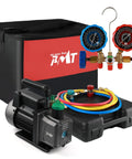 PB Motor Tech 4.5 CFM vacuum pump with 3-way manifold gauge set (two gauges) and hoses in carrying case.