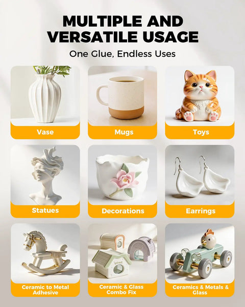 Heavy Duty No-Drip Ceramic Glue Gel for Quick Fixes on Porcelain, Ceramic Mugs, Vases and Decor illustrated with various items.