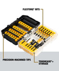 DEWALT Flextorq 40-piece steel screwdriver bit set in yellow ToughCase+ storage, front view