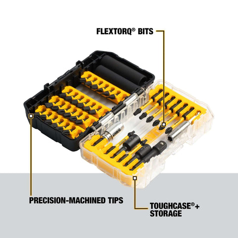 DEWALT Flextorq 40-piece steel screwdriver bit set in yellow ToughCase+ storage, front view