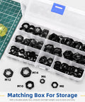 Must Have 105 Piece M6 M8 M10 M12 M14 Lock Nut Set With Internal Tooth Star Lock Nuts, plastic box with labeled compartments