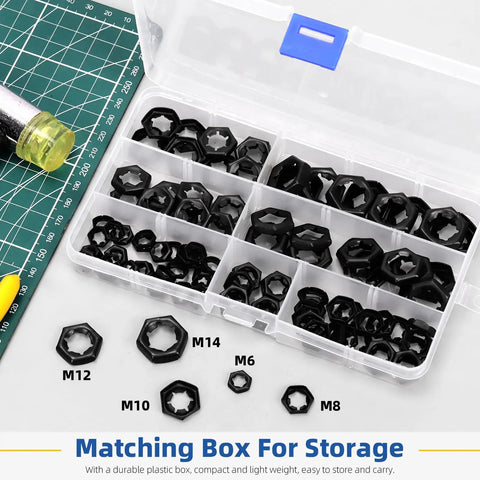 Must Have 105 Piece M6 M8 M10 M12 M14 Lock Nut Set With Internal Tooth Star Lock Nuts, plastic box with labeled compartments