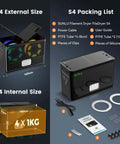 3D Printer Filament Dryer S4 showing external and internal sizes, packing list, and accessories; 4-spool capacity with fans and heater, black.