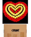 6000 Artificial Rose Petals And 72 Heart Shaped LED Tealights For Romantic Nights arranged in a heart with packaging box.