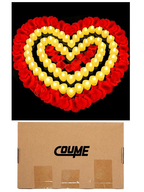 6000 Artificial Rose Petals And 72 Heart Shaped LED Tealights For Romantic Nights arranged in a heart with packaging box.