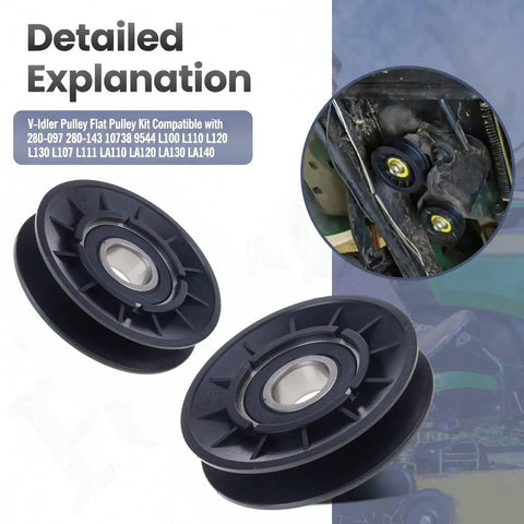 Slick V Idler Pulley Kits That Fix Your John Deere Grass Mower Badly Worn Flat Spools For Models Like LA115 LA135 LA165 And D110 Heavy Duty Gear, two black mower pulleys