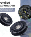 Top Tier GX20286 And GX20287 Grass Mower Belt V Idler Pulley Kits That Are Totally Compatible With John 102 To D170 Models For A Smooth Ride. black twin V-idler pulleys with bearings, mower deck close-up