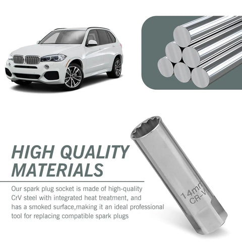 Heavy Duty Spark Plug Socket With 12 Point Spline Drive And Leaf Spring Clamp Three Eighths Inch Drive Disassembly Tool For Motorcycles And Cars Including BMW Nissan MINI And More Easy Grip For Quick Plug Removal next to car and steel rods
