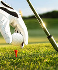 Golfer placing ball on tee with club on grass, next to 40 Pack Foam Golf Practice Balls With Realistic Feel For Indoor And Outdoor Training.