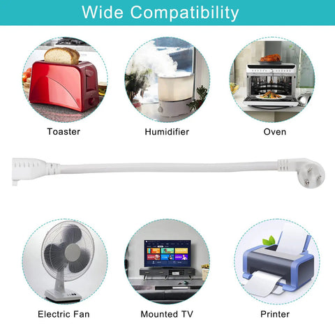 Right Angle Flat Plug Extension Cord 1 Foot 3 Prong White NEMA 5 15R with compatibility for various appliances