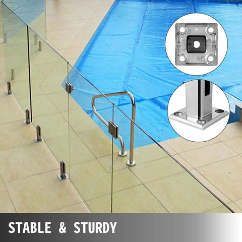 Glass railing secured with 4 Pack Glass Railing Clamps for 8 to 12 mm Glass Thickness 304 Stainless Steel Spigots DIY Friendly.