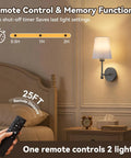 Battery Operated Wall Sconce Set of 2, RF Remote, Grey and Grey Shade with remote control feature in elegant bedroom setting.