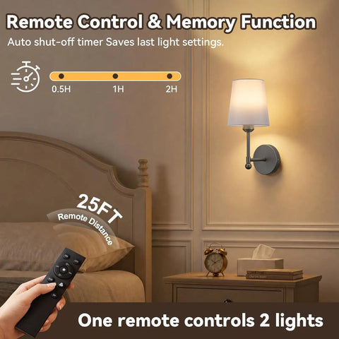 Battery Operated Wall Sconce Set of 2, RF Remote, Grey and Grey Shade with remote control feature in elegant bedroom setting.