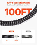 Auto Feed Drain Cleaner On Wheels With 100 Ft Cable For 2 To 6 Inch Pipes, showing detailed steel cable design and dimensions.