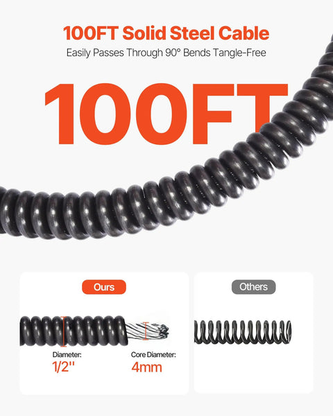 Auto Feed Drain Cleaner On Wheels With 100 Ft Cable For 2 To 6 Inch Pipes, showing detailed steel cable design and dimensions.