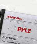 Beefy 1500W Peak 4 Channel Marine Amplifier Receiver With IP65 Waterproof And Weatherproof Marine Grade Audio PLMTR4A close-up view.