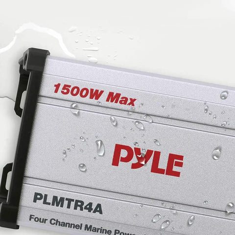 Beefy 1500W Peak 4 Channel Marine Amplifier Receiver With IP65 Waterproof And Weatherproof Marine Grade Audio PLMTR4A close-up view.