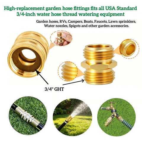 Beefed Up Three Quarter Inch Garden Hose Adapter Set With Two Pairs Male To Male And Female To Female Connectors in use outdoors