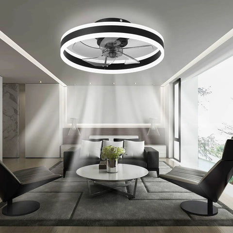 20 Inch Bladeless Ceiling Fan With Lights Remote Control Low Profile Flush Mount Led Light Kit in modern living room