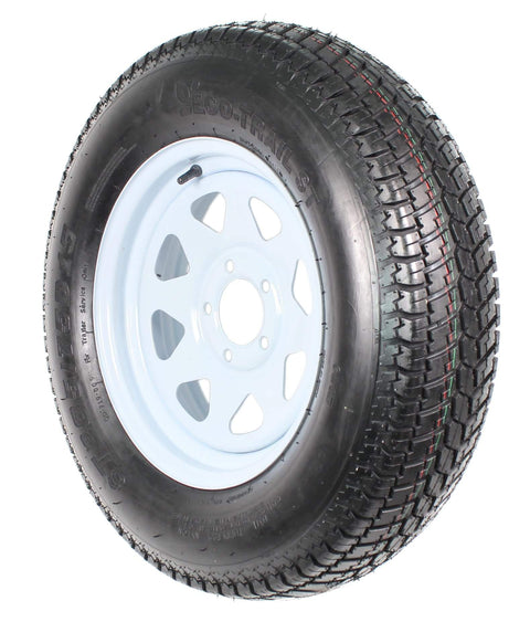 Two Pack Trailer Tire And Rim Set With ST205 75D15 Tire Size And Five Lug White Spoke Wheel, 15x5 Inch Rim, side view