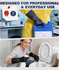 Two Pairs Heavy Duty Chemical Resistant Rubber Gloves For Industrial Cleaning And Dishwashing Acid Alkali Safe Hazmat Ready Tough As Nails Grip With Smooth Sliding Action And Odor Free Feel In Black Large, worn while using a cleaning spray.