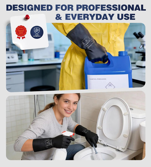 Two Pairs Heavy Duty Chemical Resistant Rubber Gloves For Industrial Cleaning And Dishwashing Acid Alkali Safe Hazmat Ready Tough As Nails Grip With Smooth Sliding Action And Odor Free Feel In Black Large, worn while using a cleaning spray.