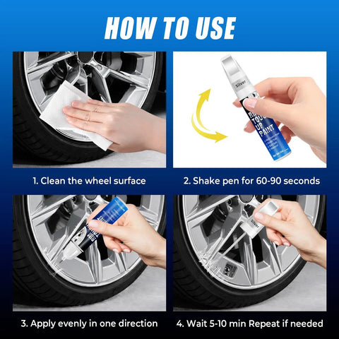 Steps to use Universal Silver Rim Touch Up Paint With Built In Brush For Curb Rash And Wheel Scuff Scrapes on alloy wheels.