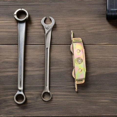 Premium Heavy Duty Sliding Door Wheel Pulley Replacement Kit featuring a smooth gliding double iron roller design and tools.
