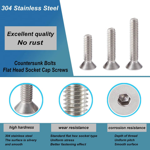 M6 Flat Head Hex Socket Cap Screws Assortment Kit 50Pcs Stainless Steel 304 Countersunk Bolts With Metric Allen Drive