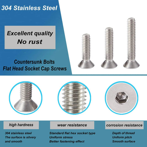 Stainless Steel 304 M4 Countersunk Hex Socket Cap Screws Flat Head Allen Drive Fully Threaded Assortment Kit image with screws