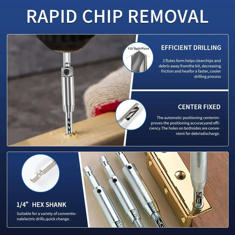 Self-centering hinge drill bit set, front view, 4-piece, 1/4-inch hex shank, HSS bits for hinge and lock applications