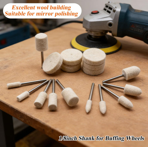 185 Piece Wool Felt Polishing Kit With Sanding Drum For One Eighth Inch Shank Rotary Tools displayed on table
