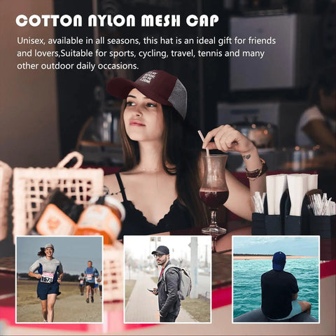 Woman wearing Its My Birthday Trucker Hat Unisex Cool Baseball Cap With Modern Design enjoying a drink at a cafe.
