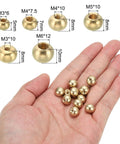 Sweet Brass Ball Lamp Finials Set Of Thread Cap Nuts And Screw Caps For Furniture And Lighting DIY Projects Includes M3x6 M3x10 M4x10 M4x7.5 M5x10 M6x12 30 Pieces, shown in hand and size chart