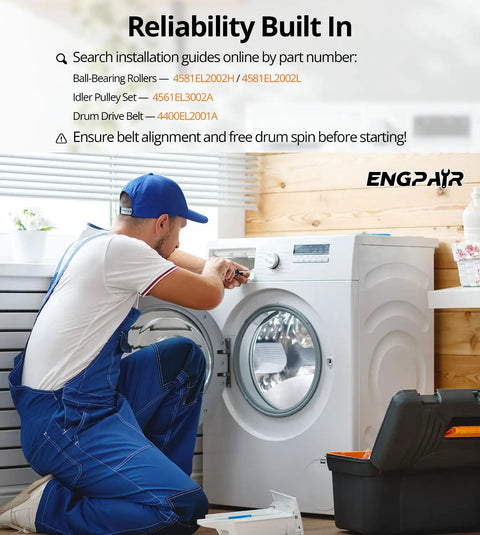 Fix Dryer Rumble With Premium Kit For LG Kenmore Ball Bearing Rollers Idler Pulley To Stop Noise Friction Using Solid Construction DIY Fix Home Save Money Restoring Smooth Operation Like New Never Breaking Again For Happy Homeowners. technician repairing LG dryer with parts list