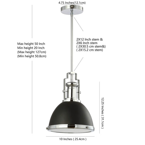 Industrial Iron Dome Pendant Light 10 Inch Black Chrome Finish Adjustable Hanging Fixture For Kitchen Island Or Entryway Modern Black Metal Shade LED Bulb Included