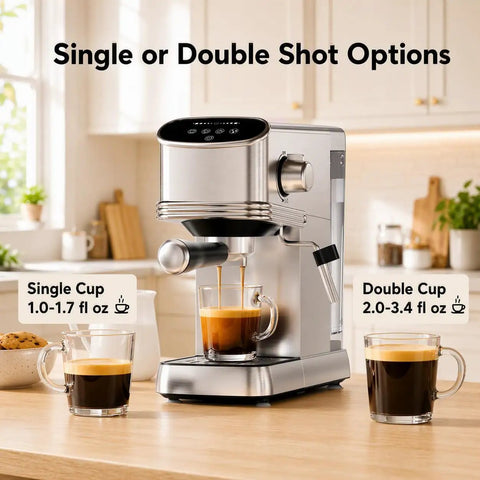 Knock Out Barista Level Shots With This 20 Bar Semi Automatic Espresso Machine featuring stainless steel build brewing espresso.
