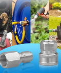 Front view of 3/8-inch stainless steel pressure washer quick-connect fittings, 4-pack with male and female adapters