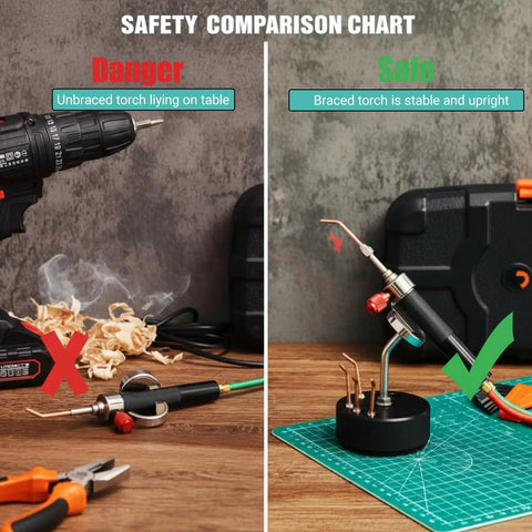 Comparison of torches: Unbraced torch on left, Heavy Duty Acetylene Jewelry Torch Stand With Magnetic Base on right, upright and stable.