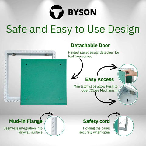 Sweet Slick 12X12 Drywall Access Panel With Heavy Duty Steel Frame And No Sweat Mudflange For Seamless Wall Finish Plus Top Shelf 58 Gypsum Inlay highlighted with features like detachable door and easy access.