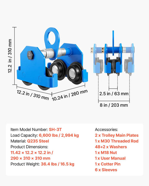 Heavy-Duty Manual Trolley For I-Beams, 3 Ton Load Capacity, dual-wheel design, adjustable flange, carbon steel hoist cart dimensions