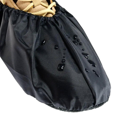 Close-up of black reusable boot and shoe cover showing water resistance feature, part of 2 pairs large for real estate pros.