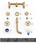 Brushed Gold Wall Mount Bathroom Faucet With Vintage Widespread Design, parts layout including handles and 360 degree swivel spout.