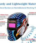 Auto Darkening Welding Helmet With True Color Solar Powered Hood Pro Grade, Adjustable Shade Range 4 To 9 To 13, American flag design.