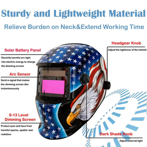 Auto Darkening Welding Helmet With True Color Solar Powered Hood Pro Grade, Adjustable Shade Range 4 To 9 To 13, American flag design.