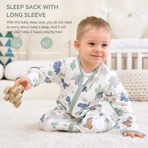 Cozy Cotton Baby Sleep Sack 6 To 12 Months 0.5 Tog Long Sleeve Wearable Blanket With Mittens and Dinosaur Print