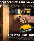 Heavy Hitter 20V Rechargeable Cordless Drill Driver Kit With Solid Lithium Batteries And Rapid Battery Charger Smooth Operator held in hand.