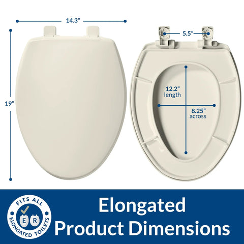 Soft Close Elongated Toilet Seat With Easy Clean Hinges Durable Plastic Build Biscuit Color Made In USA dimensions shown